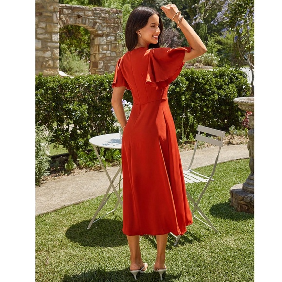 Burnt Orange V-Neck Midi Dress Fit and Flare Butterfly Sleeve Faux Button Front - Picture 7 of 12